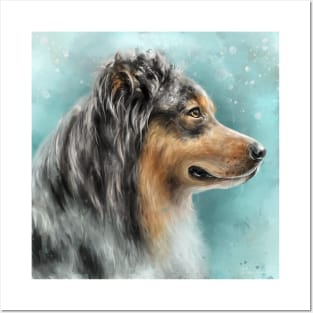 Painting of a Gorgeous Australian Shepherd on a Light Blue Background Posters and Art